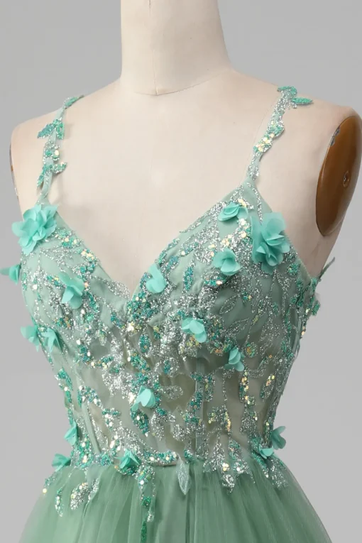 Sparkly Green A-Line Spaghetti Straps Corset Prom Dress With Appliques