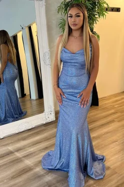 Sparkly Grey Blue Spaghetti Straps Sequins Mermaid Long Prom Dress