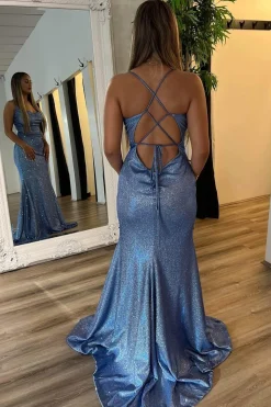 Sparkly Grey Blue Spaghetti Straps Sequins Mermaid Long Prom Dress