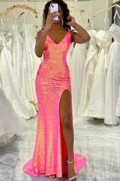 Sparkly Hot Pink Mermaid V-neck Long Sequin Prom Dress with Slit