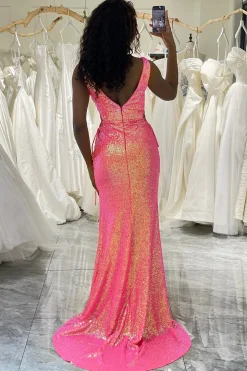 Sparkly Hot Pink Mermaid V-neck Long Sequin Prom Dress with Slit