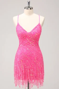 Sparkly Hot Pink Tight Sequins V Neck Homecoming Dress with Fringes