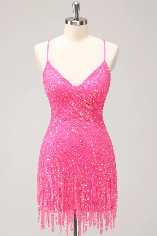 Sparkly Hot Pink Tight Sequins V Neck Homecoming Dress with Fringes