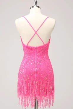Sparkly Hot Pink Tight Sequins V Neck Homecoming Dress with Fringes