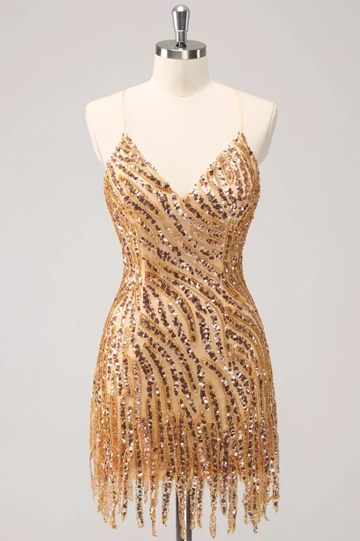 Sparkly Hot Pink Tight Sequins V Neck Homecoming Dress with Fringes