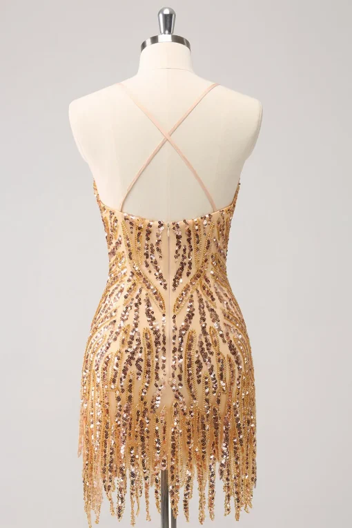 Sparkly Hot Pink Tight Sequins V Neck Homecoming Dress with Fringes