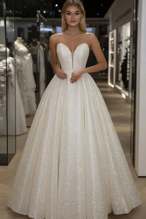 Sparkly Ivory A Line Sweetheart Long Prom Dress