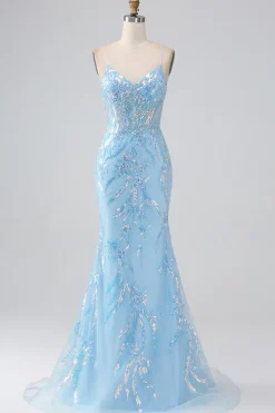 Sparkly Light Blue Mermaid Spaghetti Straps Long Prom Dress With Beading