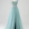 Sparkly Light Green A-Line Sequin Applique Corset Prom Dress with Slit