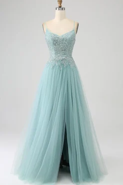 Sparkly Light Green A-Line Sequin Applique Corset Prom Dress with Slit