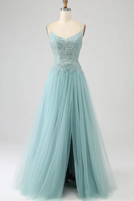 Sparkly Light Green A-Line Sequin Applique Corset Prom Dress with Slit