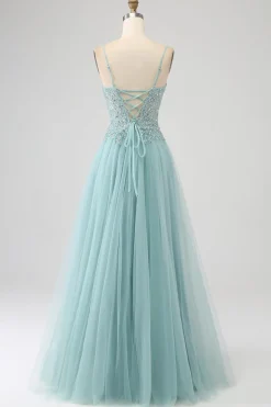 Sparkly Light Green A-Line Sequin Applique Corset Prom Dress with Slit
