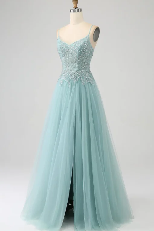 Sparkly Light Green A-Line Sequin Applique Corset Prom Dress with Slit
