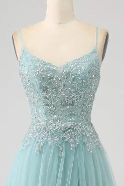Sparkly Light Green A-Line Sequin Applique Corset Prom Dress with Slit