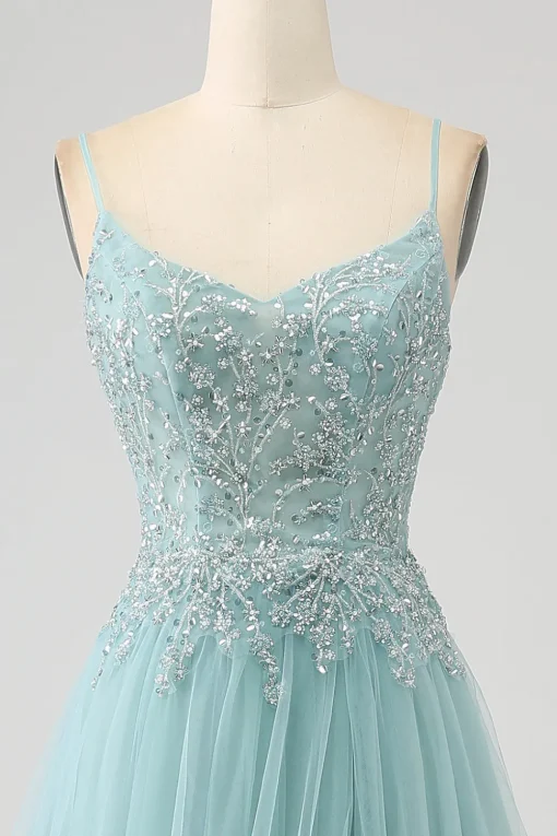 Sparkly Light Green A-Line Sequin Applique Corset Prom Dress with Slit