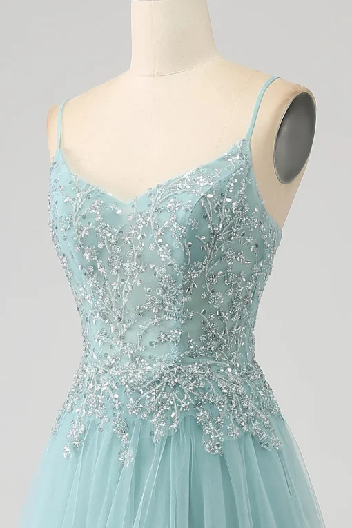 Sparkly Light Green A-Line Sequin Applique Corset Prom Dress with Slit