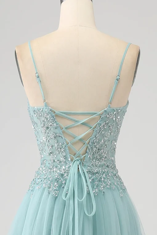 Sparkly Light Green A-Line Sequin Applique Corset Prom Dress with Slit