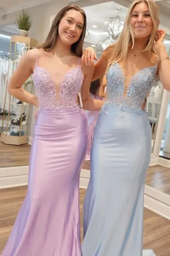 Sparkly Lilac Satin Mermaid Prom Dress with Appliques