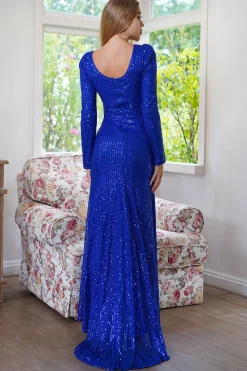 Sparkly Long Sleeves Sequins Royal Blue Evening Party Dress with Slit