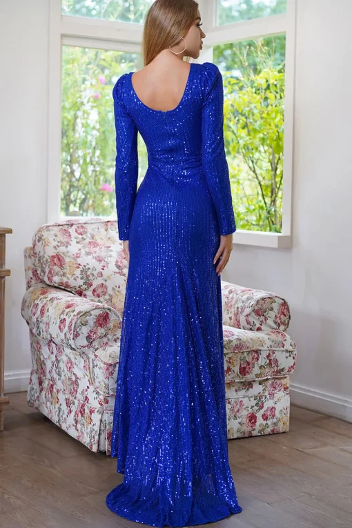 Sparkly Long Sleeves Sequins Royal Blue Evening Party Dress with Slit