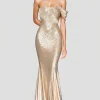 Sparkly Mermaid Champagne Off Shoulder Pleated Formal Dress with Sequins