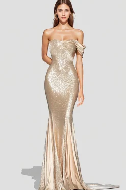 Sparkly Mermaid Champagne Off Shoulder Pleated Formal Dress with Sequins