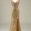 Sparkly Mermaid Golden Long Prom Dress with Slit