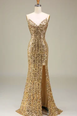 Sparkly Mermaid Golden Long Prom Dress with Slit