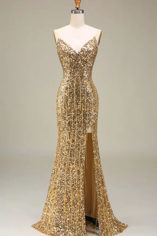 Sparkly Mermaid Golden Long Prom Dress with Slit