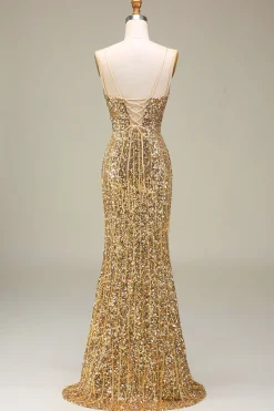 Sparkly Mermaid Golden Long Prom Dress with Slit