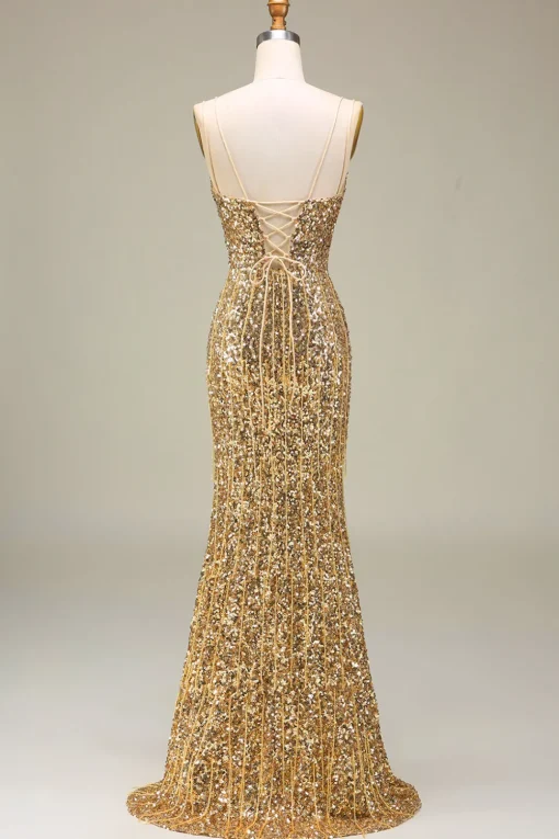 Sparkly Mermaid Golden Long Prom Dress with Slit