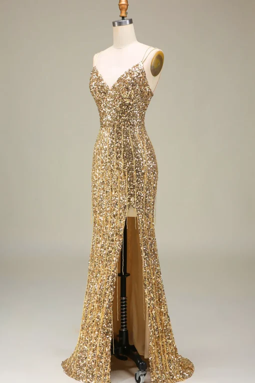 Sparkly Mermaid Golden Long Prom Dress with Slit