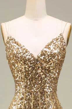 Sparkly Mermaid Golden Long Prom Dress with Slit