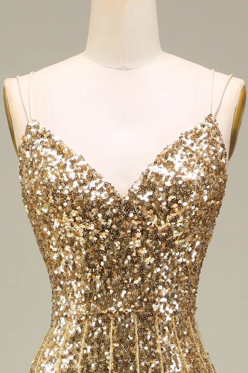 Sparkly Mermaid Golden Long Prom Dress with Slit
