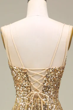 Sparkly Mermaid Golden Long Prom Dress with Slit