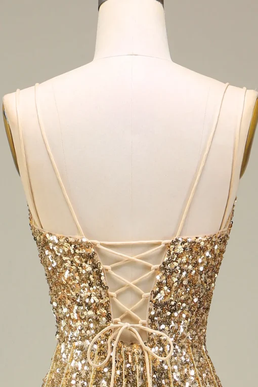 Sparkly Mermaid Golden Long Prom Dress with Slit
