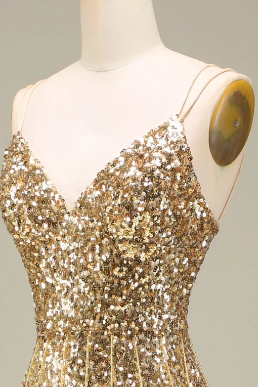 Sparkly Mermaid Golden Long Prom Dress with Slit