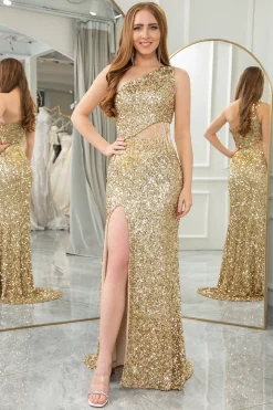 Sparkly Mermaid Golden One Shoulder Long Prom Dress With Slit