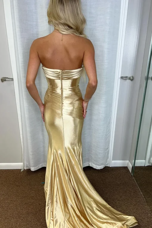 Sparkly Mermaid Golden Strapless Prom Dress with Pleated