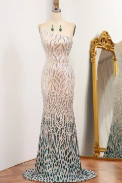 Sparkly Mermaid Green One Shoulder Sequin Long Prom Dress