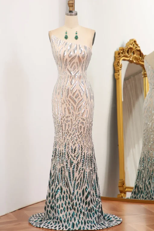 Sparkly Mermaid Green One Shoulder Sequin Long Prom Dress