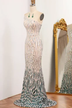 Sparkly Mermaid Green One Shoulder Sequin Long Prom Dress