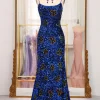 Sparkly Mermaid Navy Spaghetti Straps Long Sequin Prom Dress