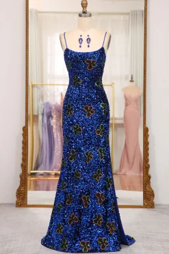 Sparkly Mermaid Navy Spaghetti Straps Long Sequin Prom Dress