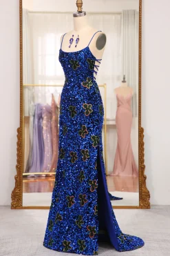 Sparkly Mermaid Navy Spaghetti Straps Long Sequin Prom Dress