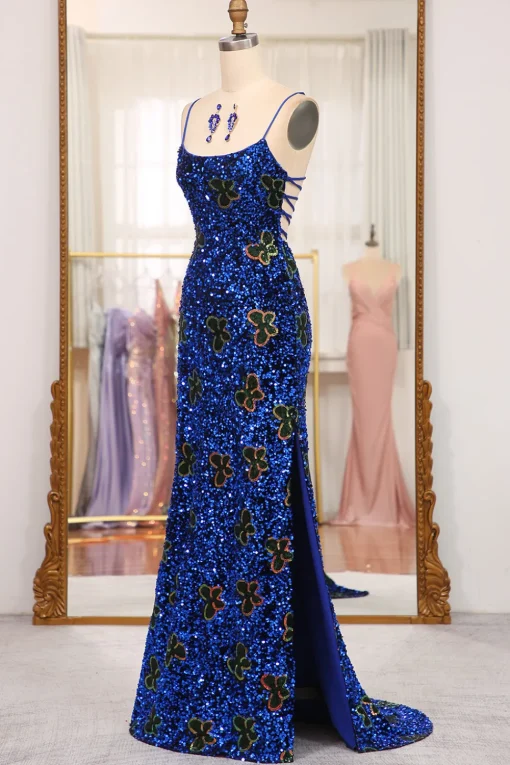 Sparkly Mermaid Navy Spaghetti Straps Long Sequin Prom Dress