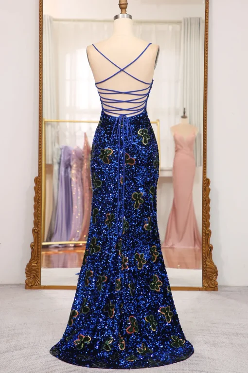 Sparkly Mermaid Navy Spaghetti Straps Long Sequin Prom Dress
