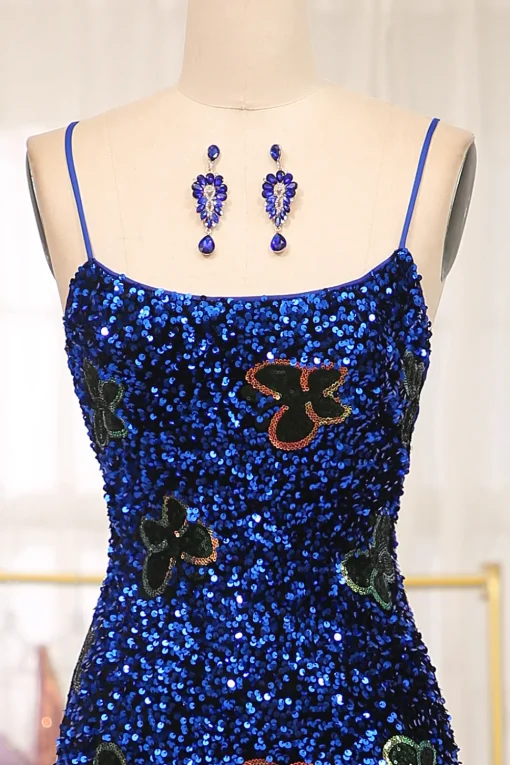 Sparkly Mermaid Navy Spaghetti Straps Long Sequin Prom Dress
