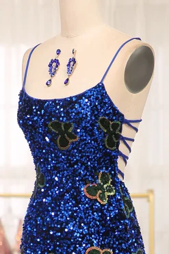 Sparkly Mermaid Navy Spaghetti Straps Long Sequin Prom Dress