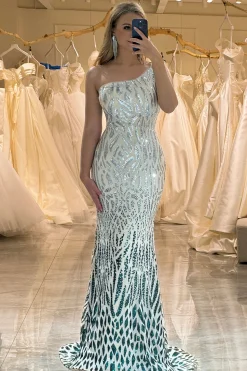 Sparkly Mermaid One Shoulder Sequin Long Prom Dress